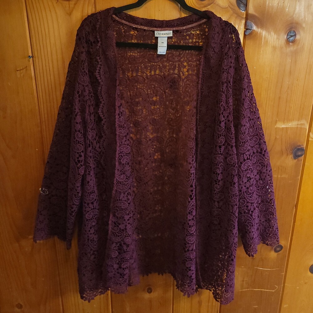 Catherines 3X Plum Polyester Lace Blouse Long Sleeve Open Front